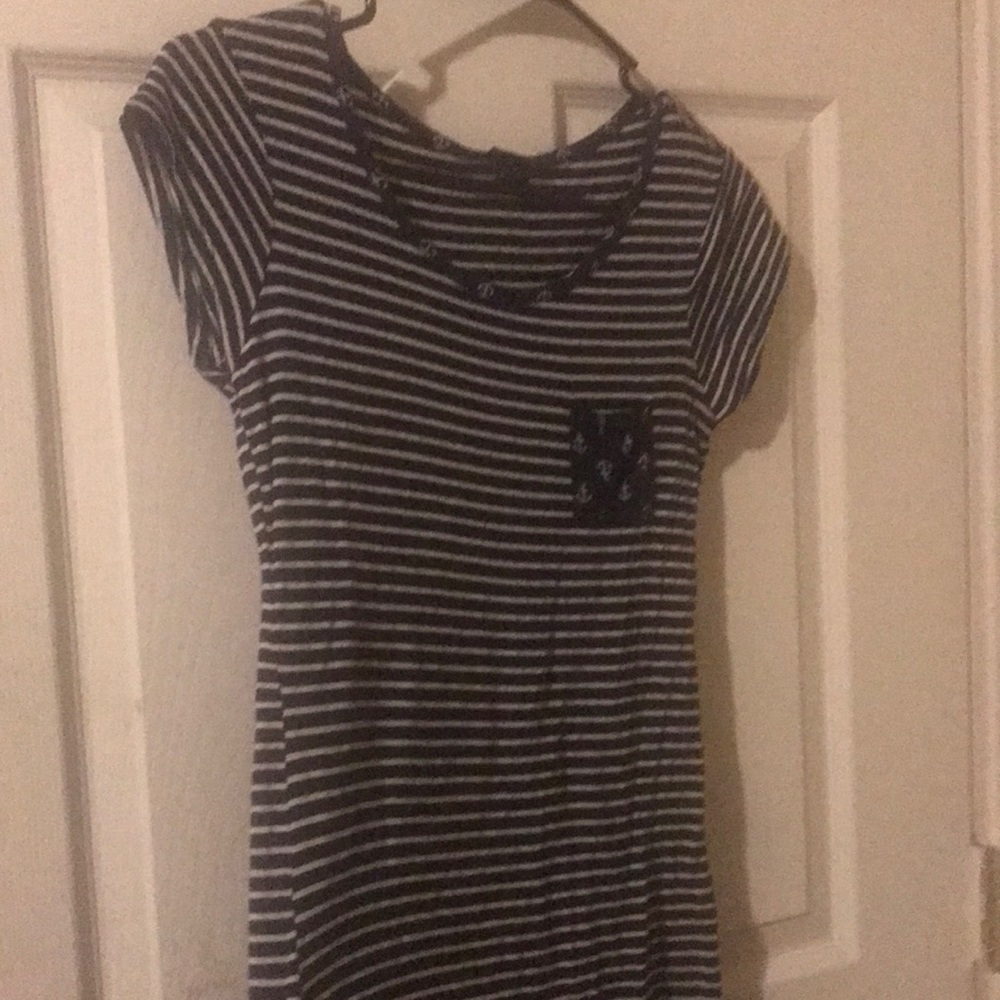 Rue 21, blue and white striped tee with anchor collar line and pocket.